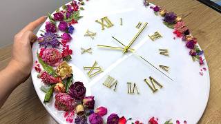 White RESIN ART CLOCK with FLOWERS |Satisfying Art Process