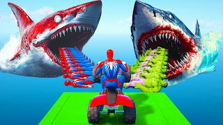 Superheroes on a motorcycle ride over the sea along the Spider-Man Bridge GTA 5