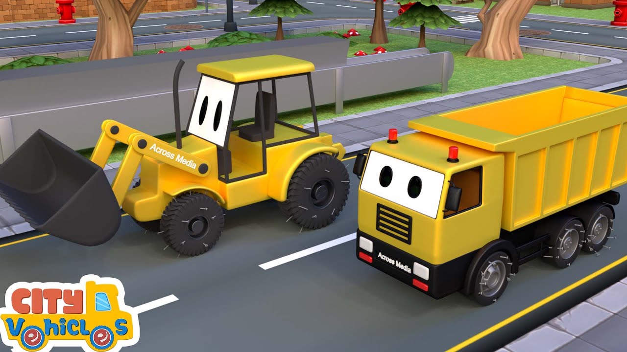 Construction Vehicles — Drill Truck, Dump Truck, Cement Mixer & Excavator fix broken fountain.