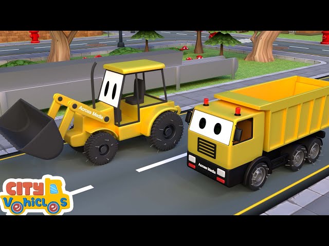Construction Vehicles — Drill Truck, Dump Truck, Cement Mixer & Excavator fix broken fountain.
