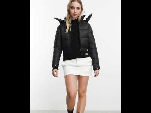 SUPERDRY Crop Hooded Fuji Puffer Winter Jacket Hooded Nylon Women Shiny Black | Asos