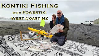 Kontiki Fishing New Zealand's West Coast Karioitahi Beach - Powertiki Autopilot Electric Kontiki
