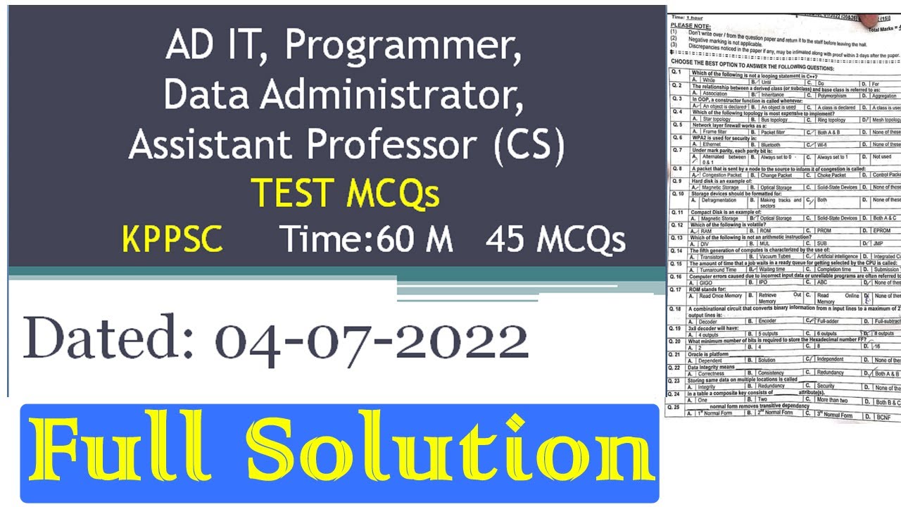 Assistant Director IT Past Paper 04-07-2022 by KPPSC (Full Solution) | Programmer Past Papers