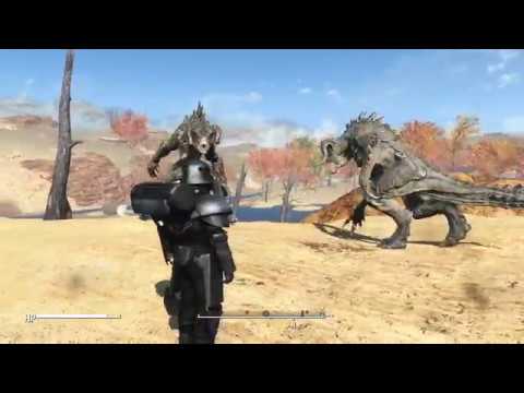 Hunk defends a settlement (Plus two Deathclaws fighting)