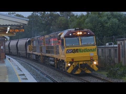 QR National coal train with "5000 class" locomotives at dawn - Australian Coal Train
