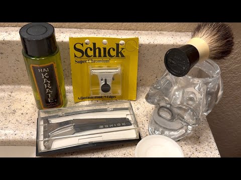 Vintage Schick Adjustable Band Razor, Hai Karate Aftershave, EJ Soap, Ever-Ready Brush