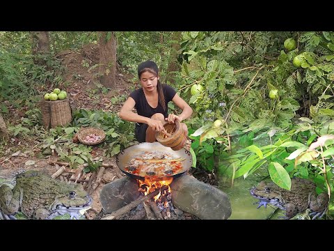 Adventure in forest: Frog hot spicy curry very delicious for dinner, Survival cooking