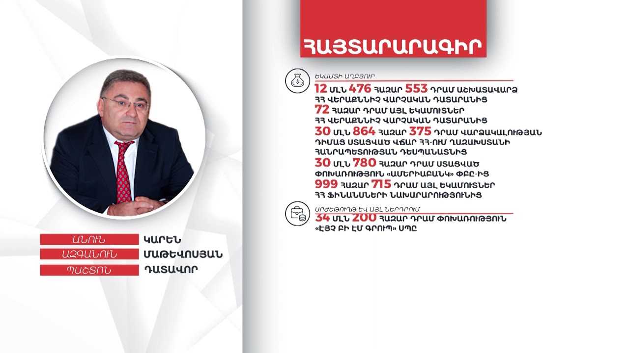 Դատավոր Կարեն Մաթևոսյանի գույքի և եկամուտների հայտարարագիրը