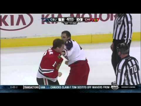 Nick Foligno vs Sheldon Brookbank fight Mar 1 2013 Columbus Blue Jackets vs Chicago Blackhawks NHL