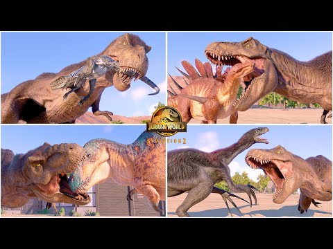 JW Dominion Feathered T-REX VS All Dinosaurs Killing Animations 🦖 Jurassic World Evolution 2 🦖 JWE 2