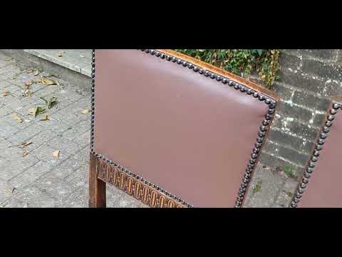 Set of 4 Antique Oak Dining Chairs | Early 20th Century Arts & Crafts Style with Carved Panels