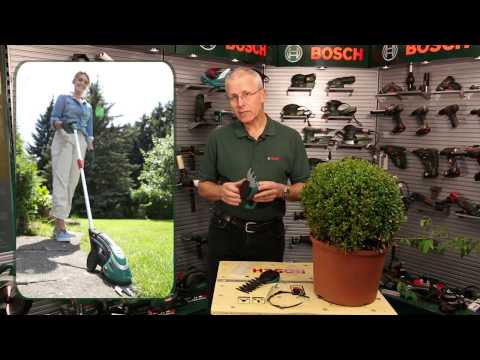 Krūmų ir žolės akumuliatorinių žirklių rinkinys Bosch Isio video