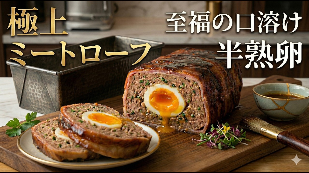 切って感動！！テリーヌ型で焼く【本格ミートローフ】とろ～り半熟卵とベーコン巻き　特性グレービーソース仕上げ