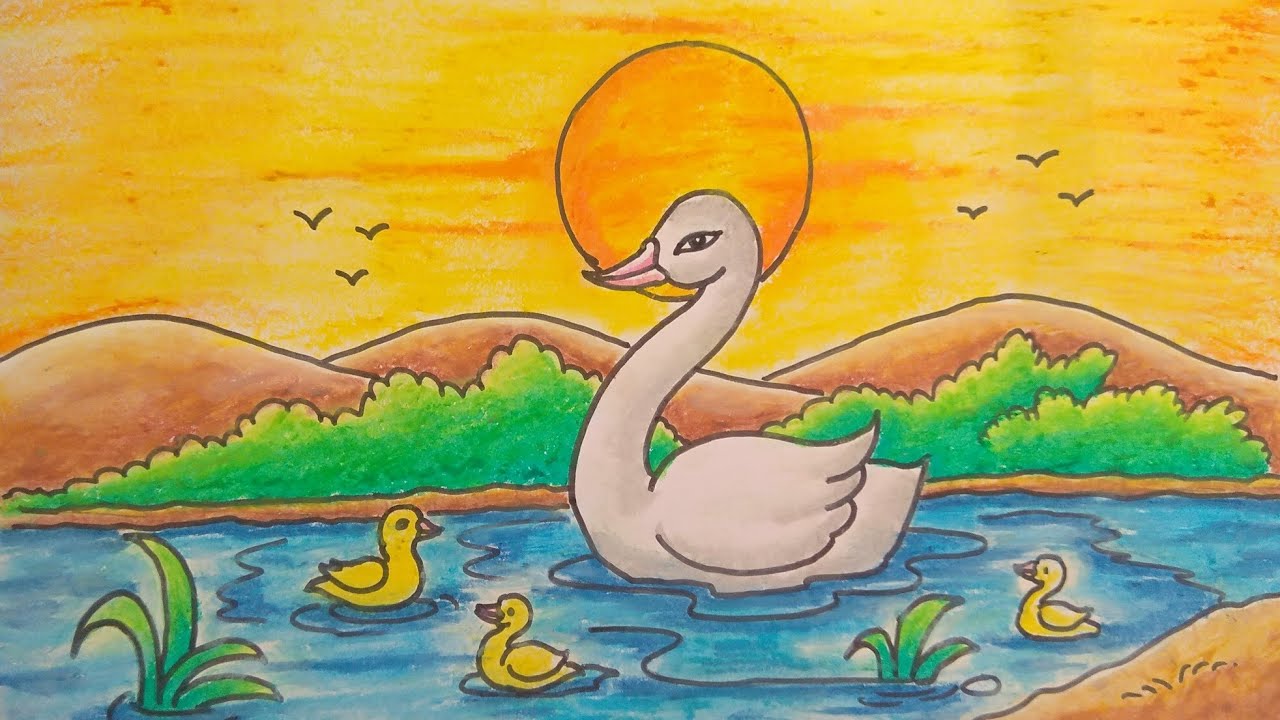 Duck Drawing / easy duck drawing scenery/ duck drawing scenery with sun/ पाण्यातील बदक