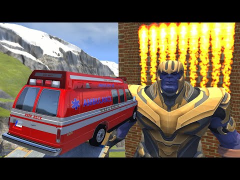 Crazy Vehicle High Speed Jumps Over Giant THANOS Into FIRE Wall - BeamNG.drive Funny Jumps
