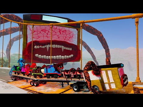 ALL MONSTERS.EXE on Double flatbed Big & Small Cars vs Broken Bridge with BUS EATER – BeamNG.Drive