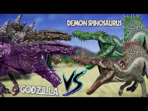 3 GODZILLA ( 1998 ) VS 3 EVOLVED SPINOSAURUS 3 T-REX - JURASSIC WORLD EVOLUTION DINOSAURS FIGHTING
