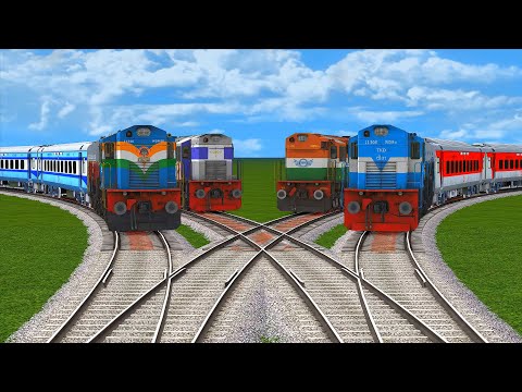 4 Diesel Trains Crossing Crisscrossed On Risky Sharp Bend Bumpy Forked railroad Crossing #139
