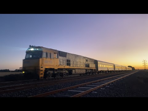 JBRE 1AM8 the Overland passenger train with Pacific National NR114 at Gheringhap at sunset 25/5/2025