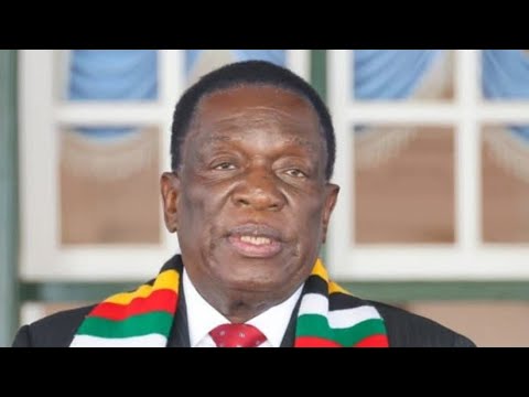 President Emmerson Mnangagwa of Zimbabwe speaking at a podium with national flag behind him