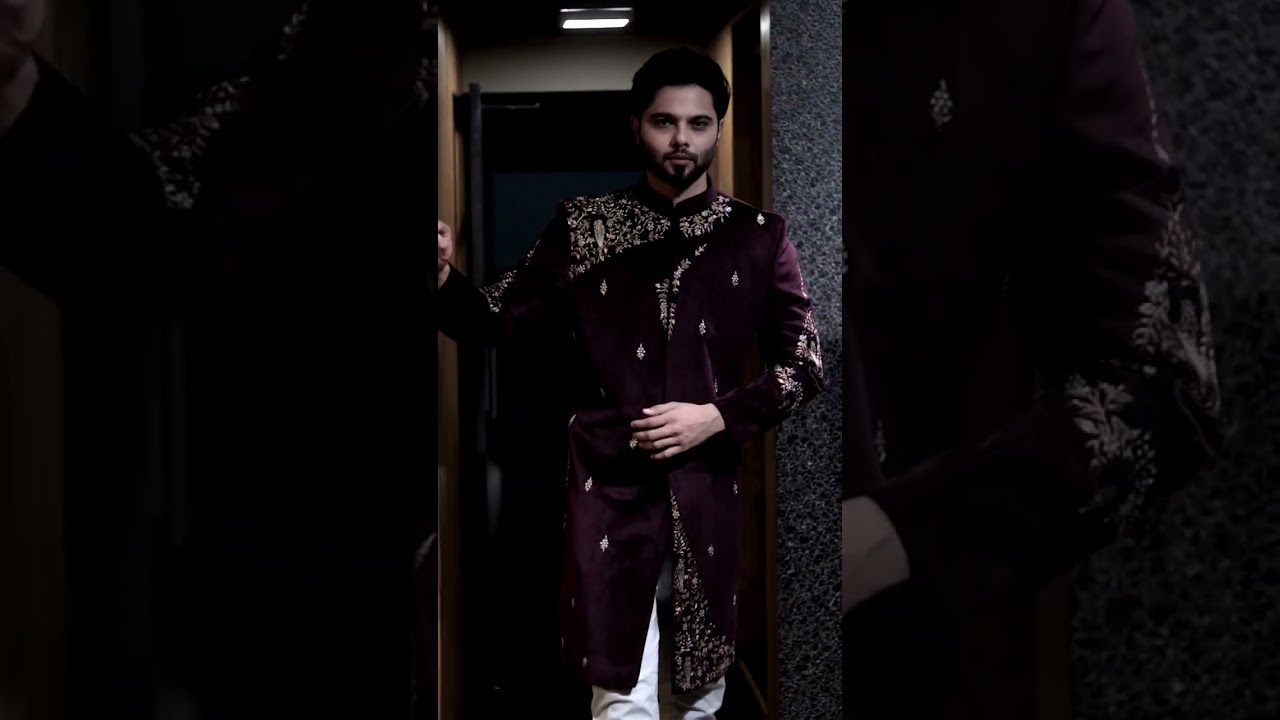 Maroon velvet ehite wine touch sherwani for groom