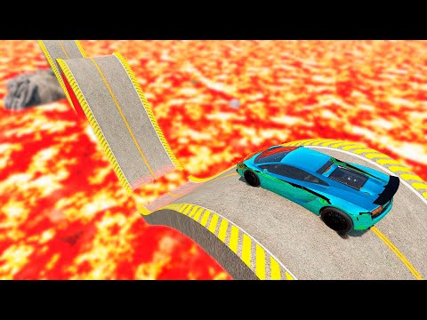Cars vs Impossible Weird Wave Bridge - Cars vs lava Volcano - BeamNG.Drive
