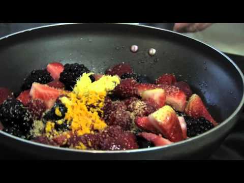 Summer Fruit Flambe with a butterscotch oat crunch topping