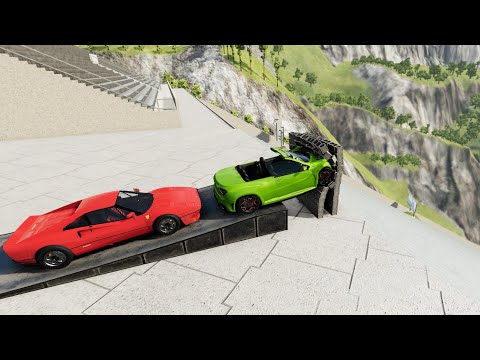 Stairs Jumps Down Through Brick Wall With Slow Motion (Crash Test) - BeamNG.drive Total Car Damage