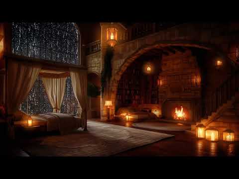 Thunderstorm & Warm Fireplace | Rain Sounds for Sleeping in this Cozy Castle Room | 12 Hours