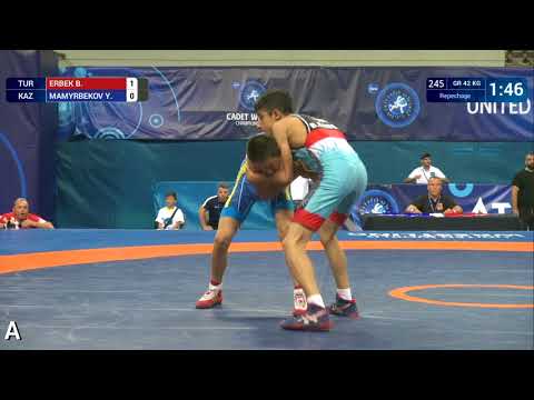 Repechage GR - 42 kg: Y. MAMYRBEKOV (KAZ) df. B. ERBEK (TUR) by VPO1, 5-3