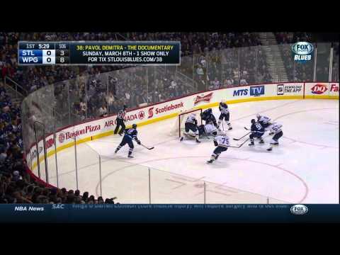 Jet into net. Mark Scheifele launches into STL goal. St. Louis Blues vs Winnipeg Jets Feb 26 2015