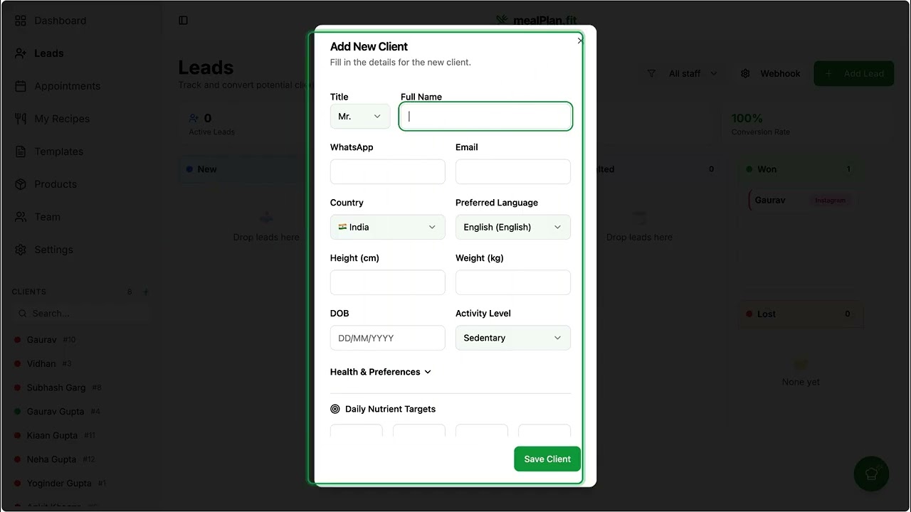 mealPlan.fit Demo — Practice Management & Meal Planning for Indian Dietitians
