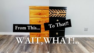 Geometrical Furniture Painting Technique | Pine Chest Of Drawers Makeover | Black and Gold