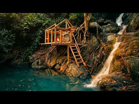 Living Alone in the Wild – Building a Shelter Next to a Natural Waterfall | Primitive Villa