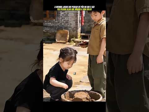 A menina jogou um pedaço de pão no rio e algo e seu pai pescou algo incrivel.
