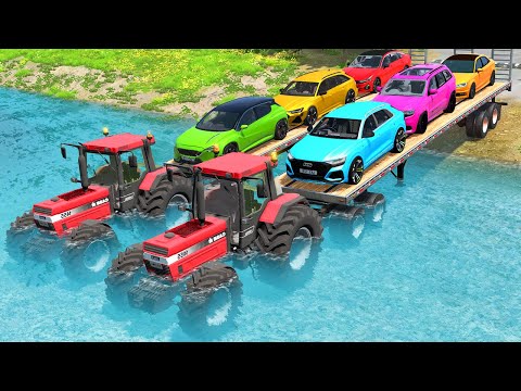 Two Flatbed Trailers Tractor Speed Bump Car Rescue - Cars vs Deep Water - BeamNG.drive