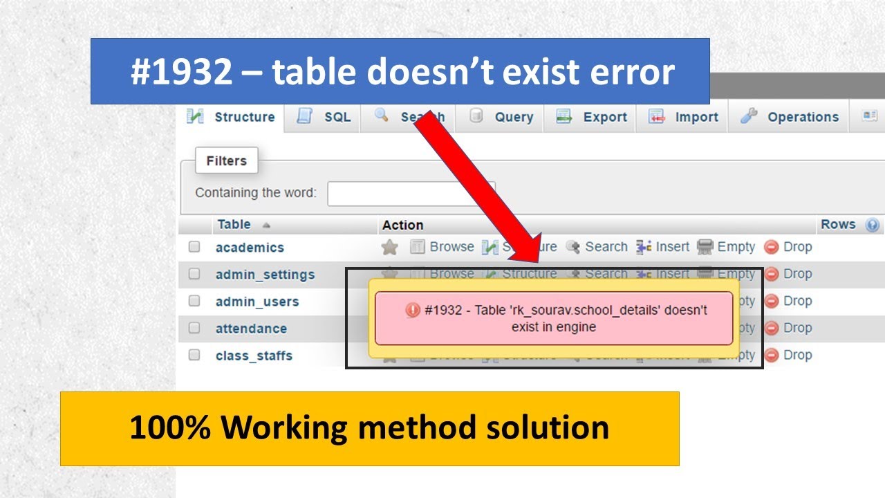 #1932 - table doesn't exist in engine PhpMyAdmin error || MySQL database error