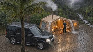 24 Hours Camping in Heavy Rain with My Dog . 2-Room Inflatable Tent . Thunderstorm ASMR
