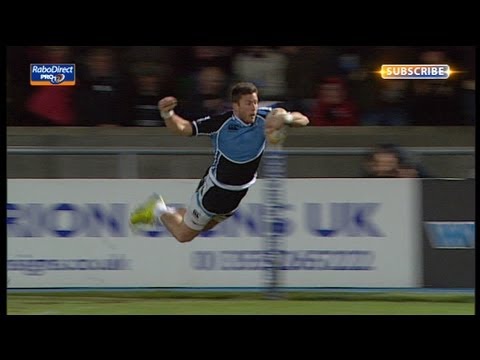DTH van der Merwe collects cross kick for final try - Glasgow Warriors v Ospreys 19th April 2013