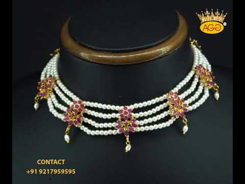 Copper white traditional red stone moti choker, size: neck s...