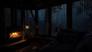 Quiet Cabin at Midnight with Night Rainfall and Gentle Fireplace Glow for Peaceful Sleep