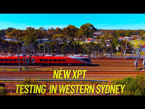The new XPT train under test in Western Sydney can be powered by overhead wiring and diesel
