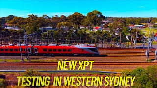 The new XPT train under test in Western Sydney can be powered by overhead wiring and diesel