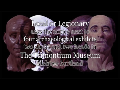 Local or Legionary asks the notice next to four archaeological exhibits two skulls and two heads in
