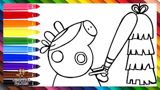 Desenhar E Colorir Peppa Pig Batendo em uma Piñata 🐷🪅🎊🍬🍭 Desenhos Para Crianças