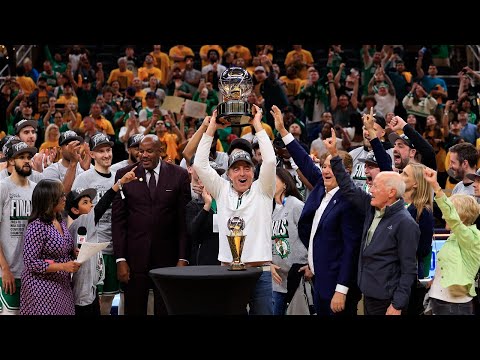The Boston Celtics Receive The Bob Cousy Trophy As The NBA Eastern Conference Champions!