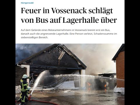 19.01.2025, Hürtgenwald - Feuer in Vossenack schlägt von Bus auf Lagerhalle über......