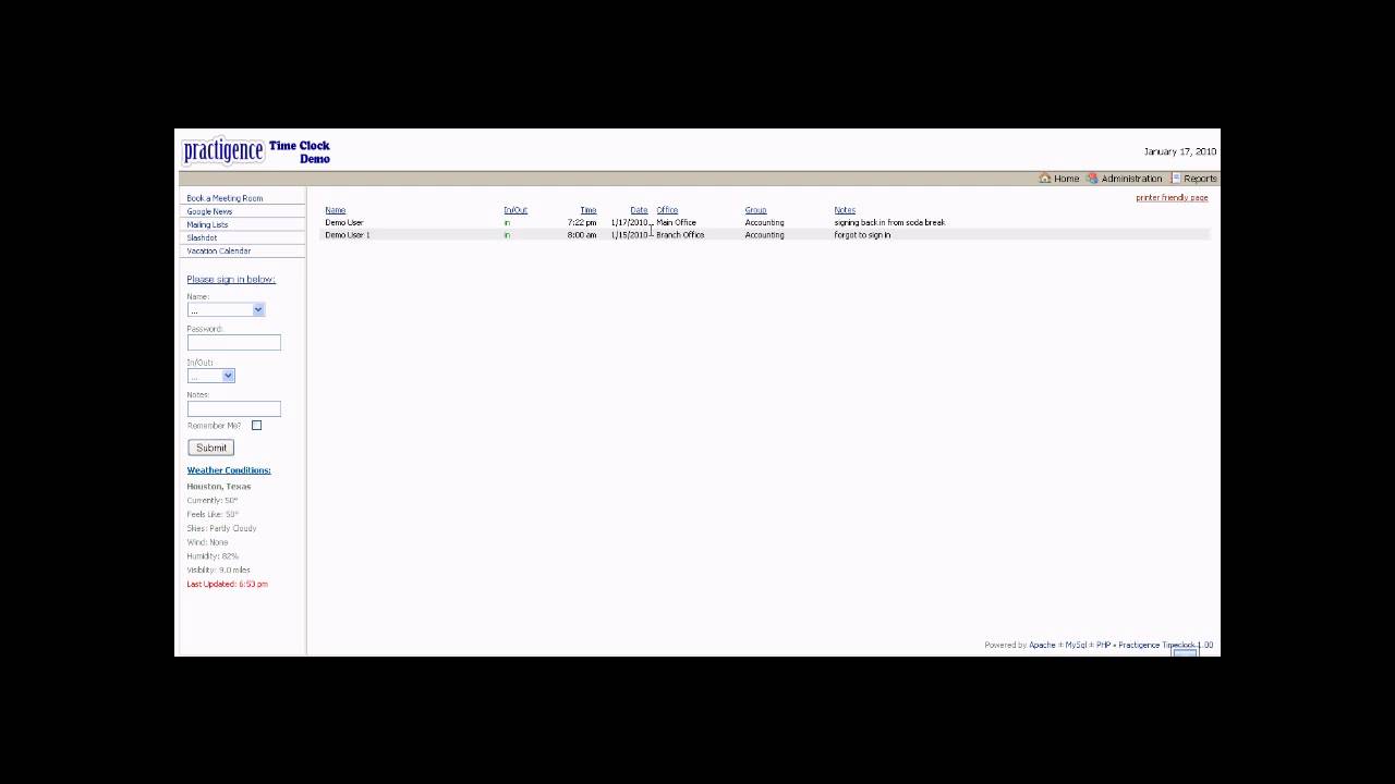 Web Based Time Clock Demonstration