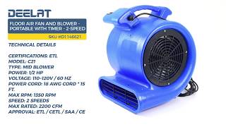 Floor Air Fan and Blower - Portable with Timer - 2-Speed