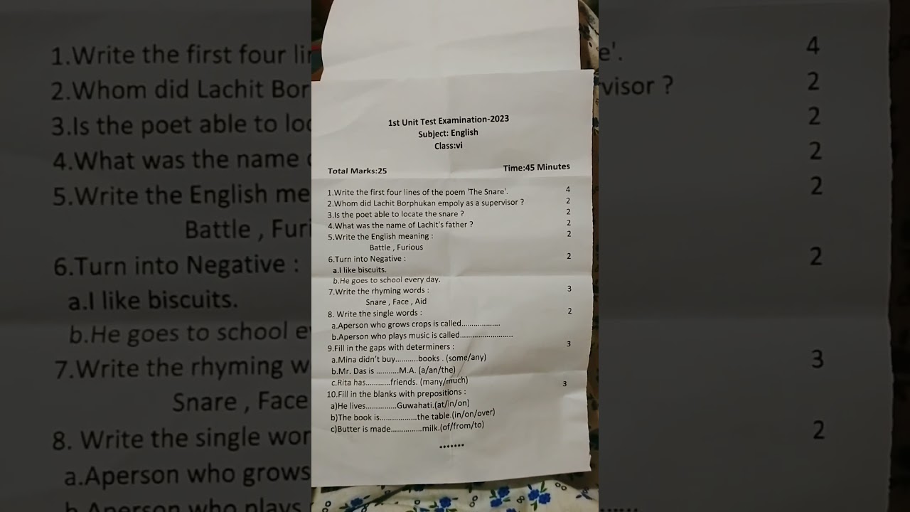 #1st unit test/#class 6/#English/#question paper #shorts #youtubeshorts